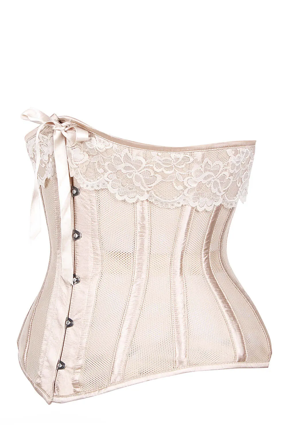 Champagne Longline Satin Bridal Corset with Super Fine Mesh Panels
