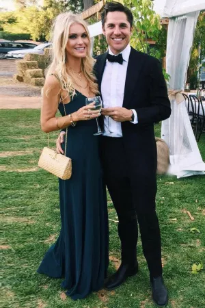 Charming A-Line V-Neck Spaghetti Straps Backless Floor-Length Dark Green Prom Dresses OK758