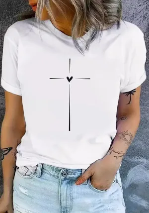 Charming Heart Print Round Neck Lightweight Casual T-Shirt