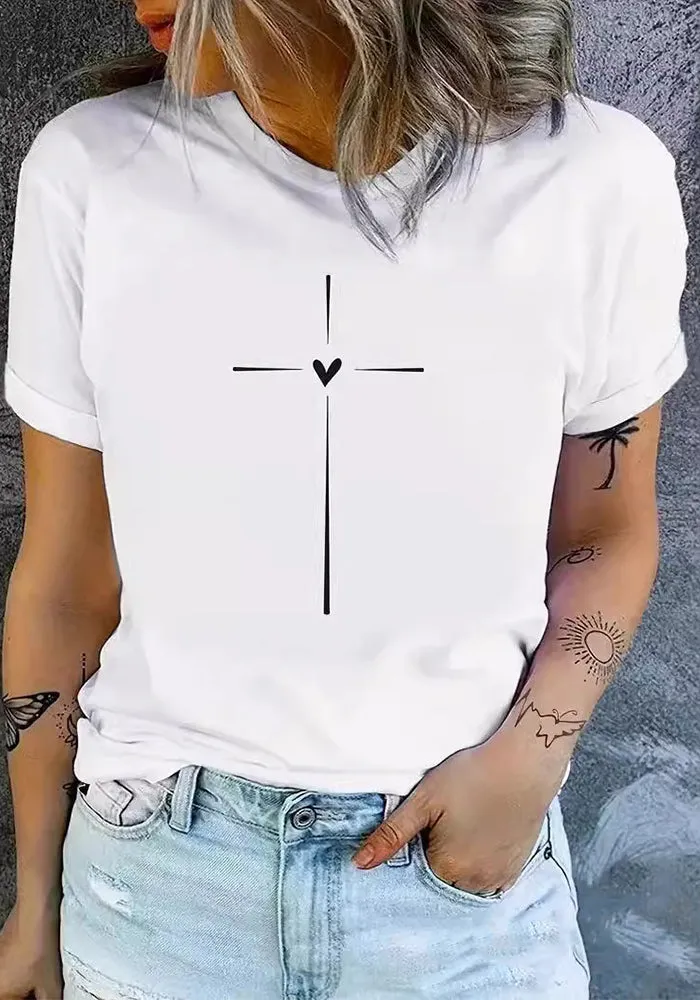 Charming Heart Print Round Neck Lightweight Casual T-Shirt