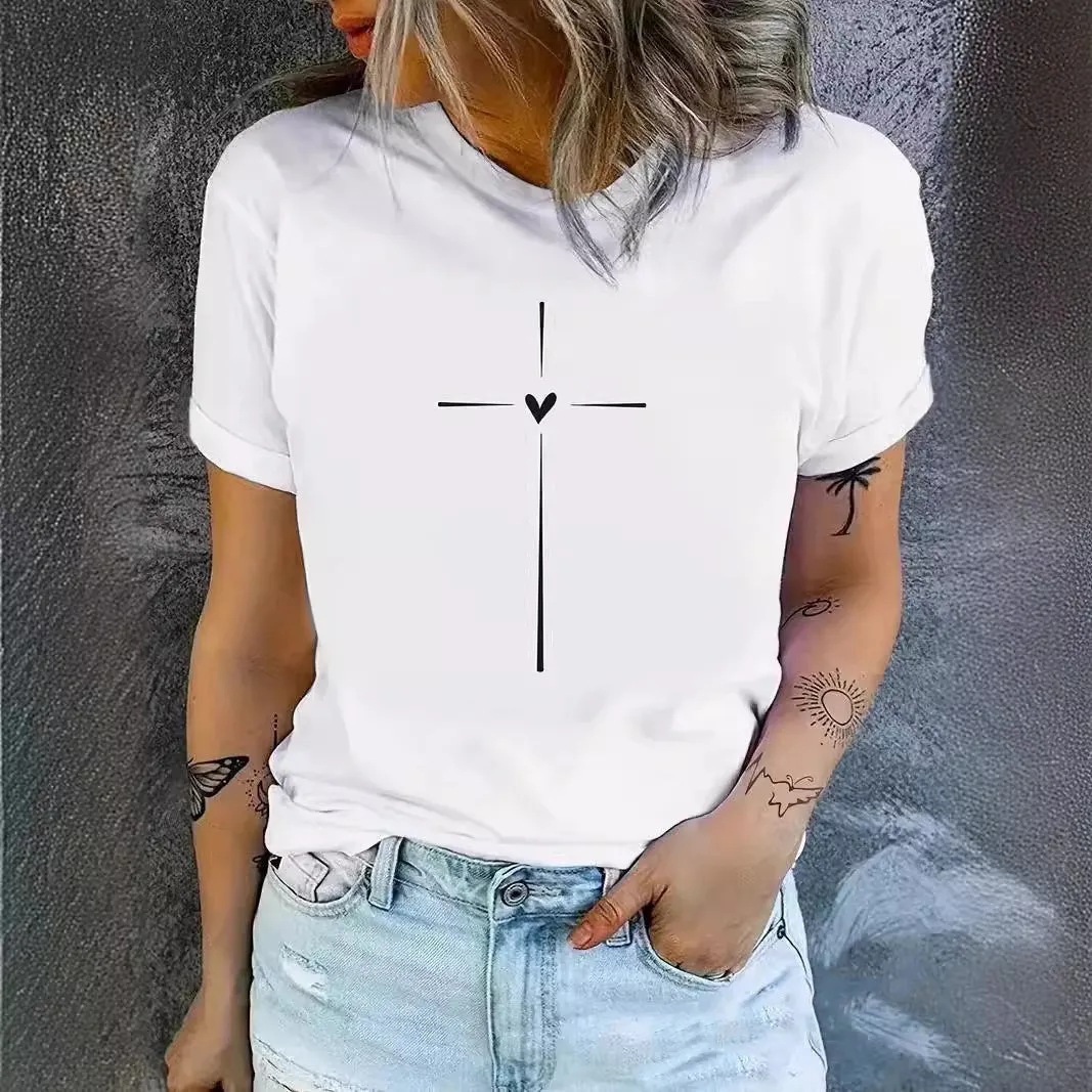 Charming Heart Print Round Neck Lightweight Casual T-Shirt