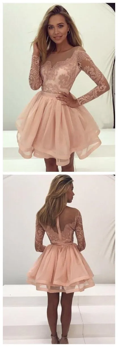 Charming Lace Long Sleeves Illusion Short Cheap Homecoming Dresses 2018, CM545