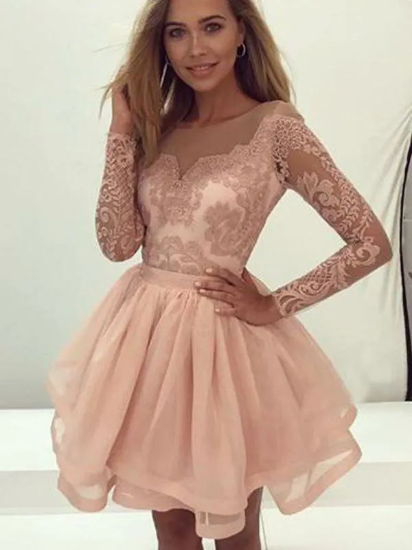 Charming Lace Long Sleeves Illusion Short Cheap Homecoming Dresses 2018, CM545