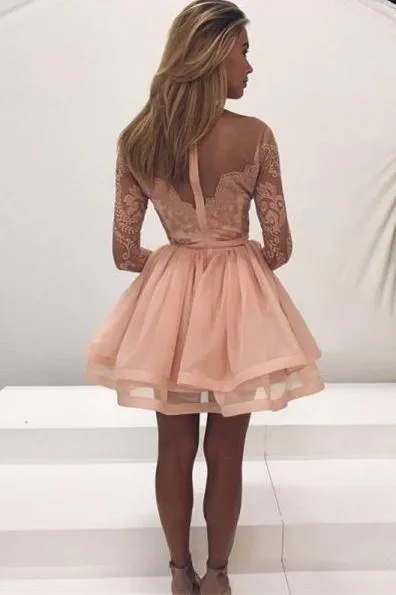 Charming Lace Long Sleeves Illusion Short Cheap Homecoming Dresses 2018, CM545