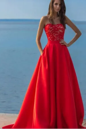 Charming Red A Line Long Satin Lace Top Prom Dress With Pockets OK953