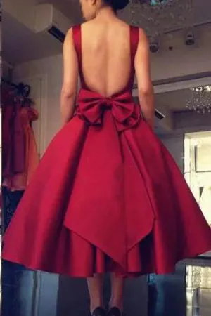 Cheap Burgundy Tea Length A Line Backless Bownot Homecoming Dresses OK749