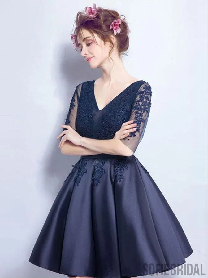 Cheap Short Cute Long Sleeve Lace Navy Homecoming Dresses 2018, CM468