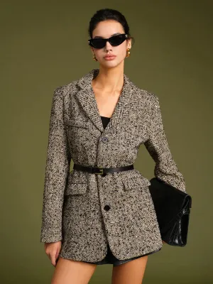 Chevron Tweed Belted Blazer