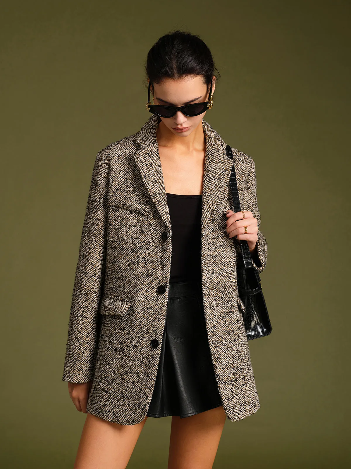 Chevron Tweed Belted Blazer