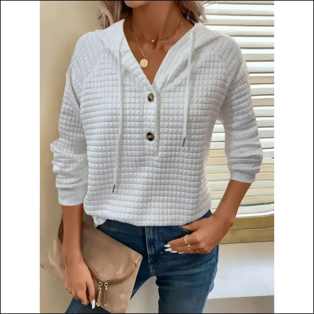 Chic Button Detail Drawstring Long Sleeve Hoodie