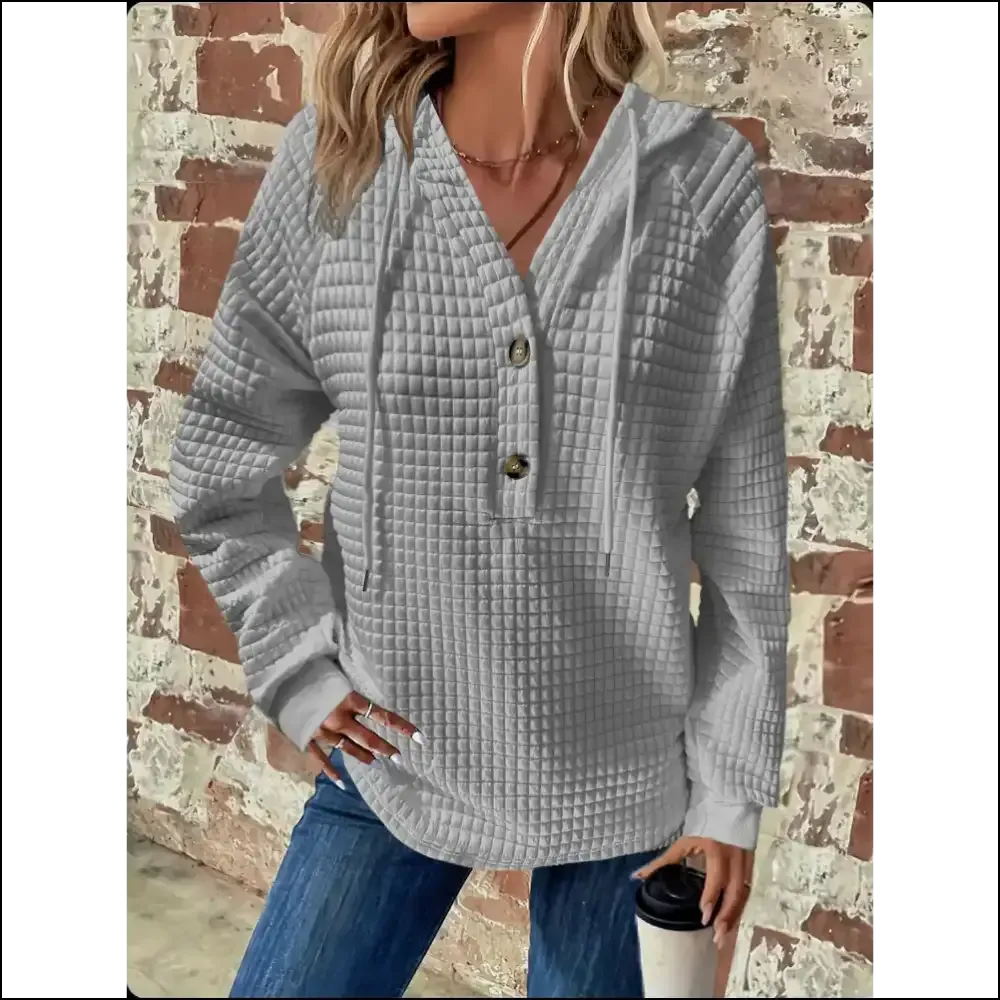 Chic Button Detail Drawstring Long Sleeve Hoodie