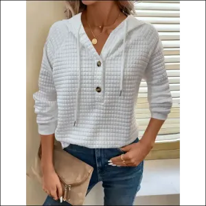 Chic Button Detail Drawstring Long Sleeve Hoodie