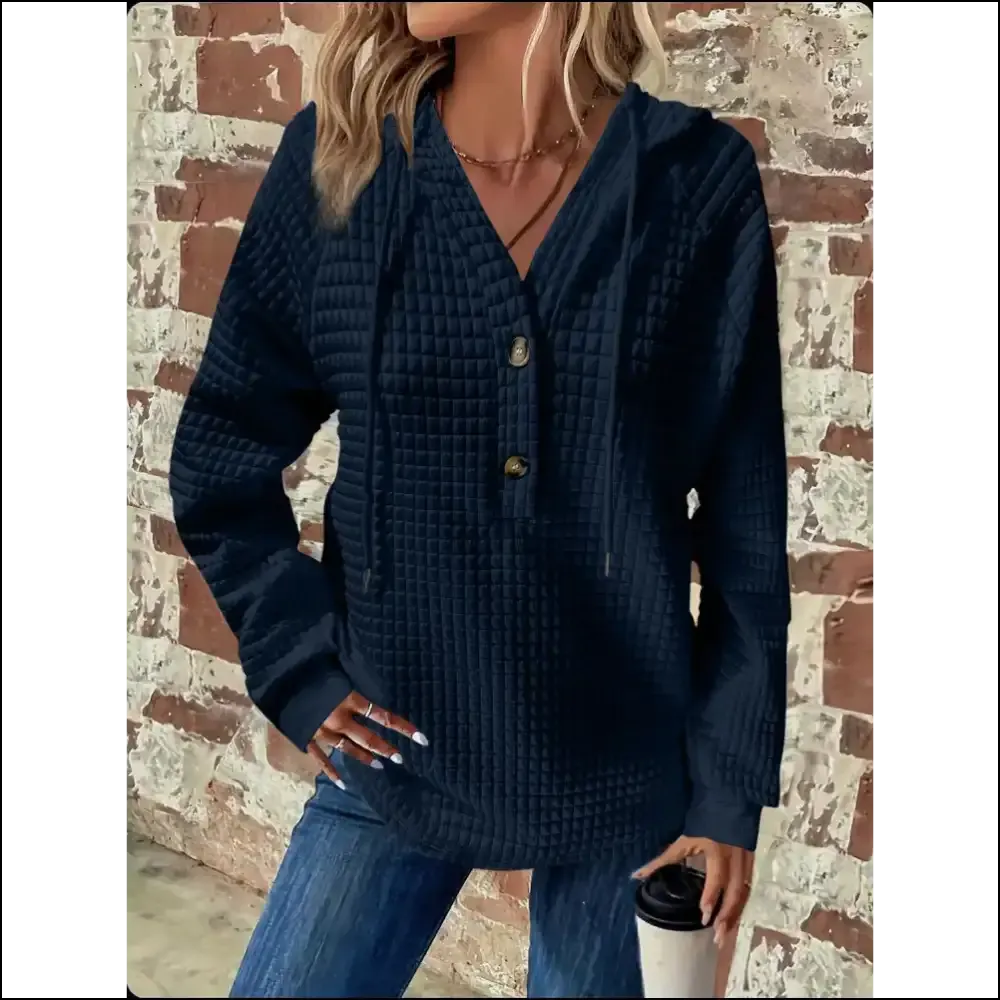Chic Button Detail Drawstring Long Sleeve Hoodie