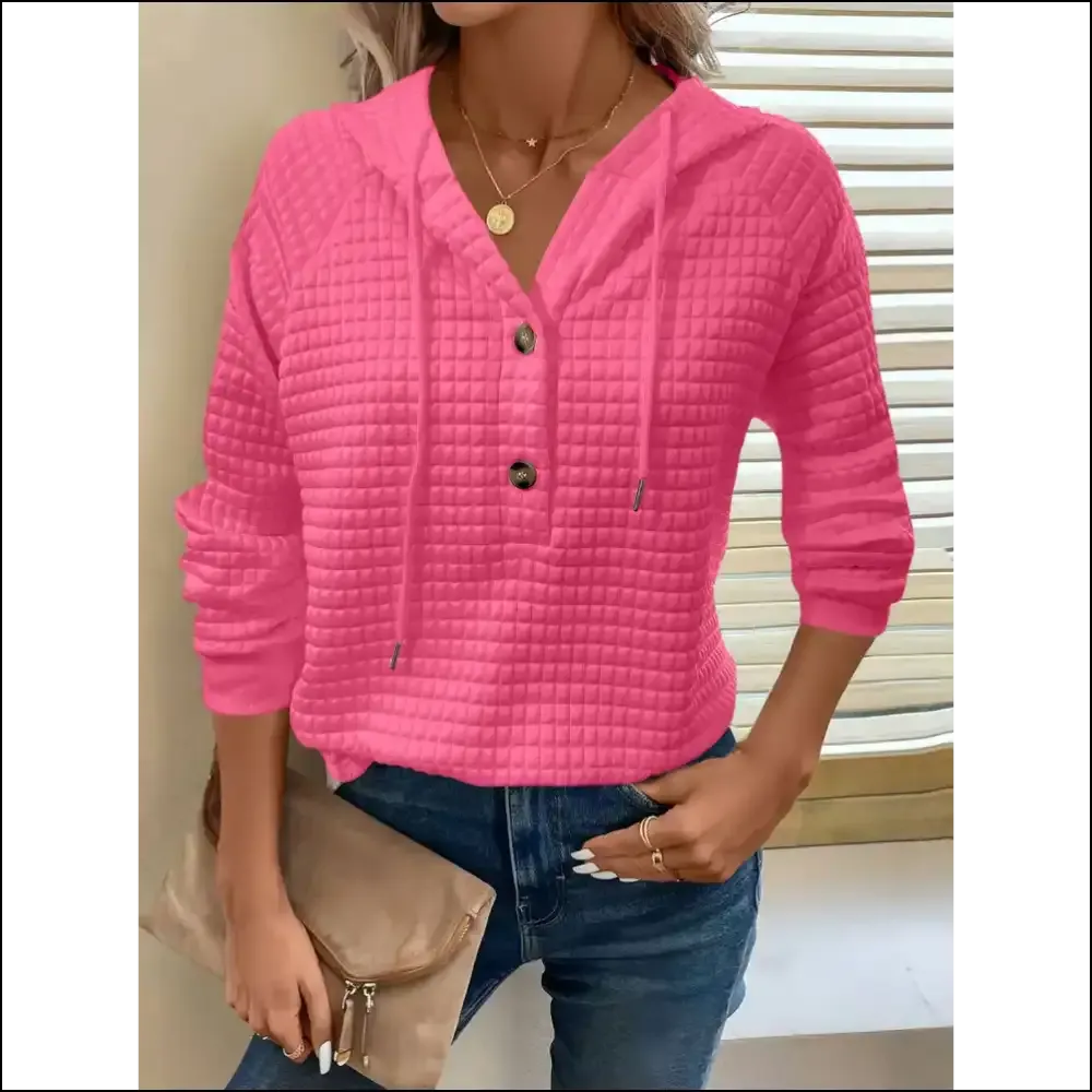 Chic Button Detail Drawstring Long Sleeve Hoodie