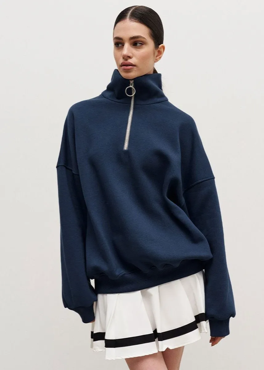 Chic Zip-Up Casual Navy Sweater