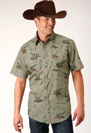 CL03-002-0064-0303 Roper Shirt S/S Vintage Tan Western Print