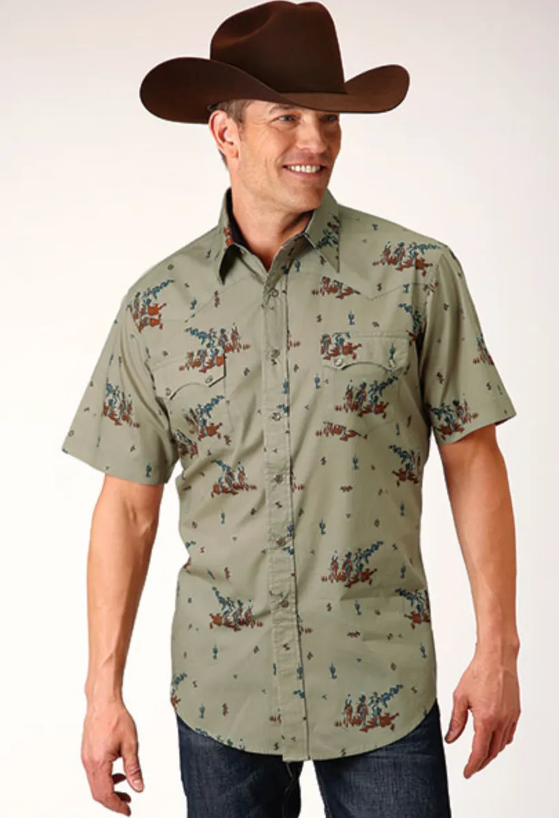 CL03-002-0064-0303 Roper Shirt S/S Vintage Tan Western Print