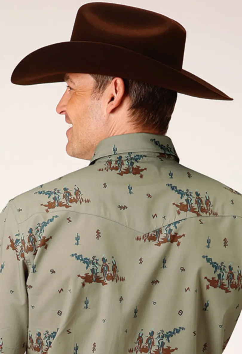CL03-002-0064-0303 Roper Shirt S/S Vintage Tan Western Print