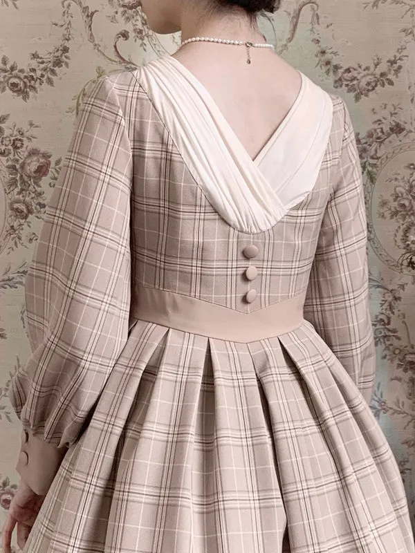 Classical Lolita OP Dress Plaid Camel Pleated Lolita One Piece Dresses