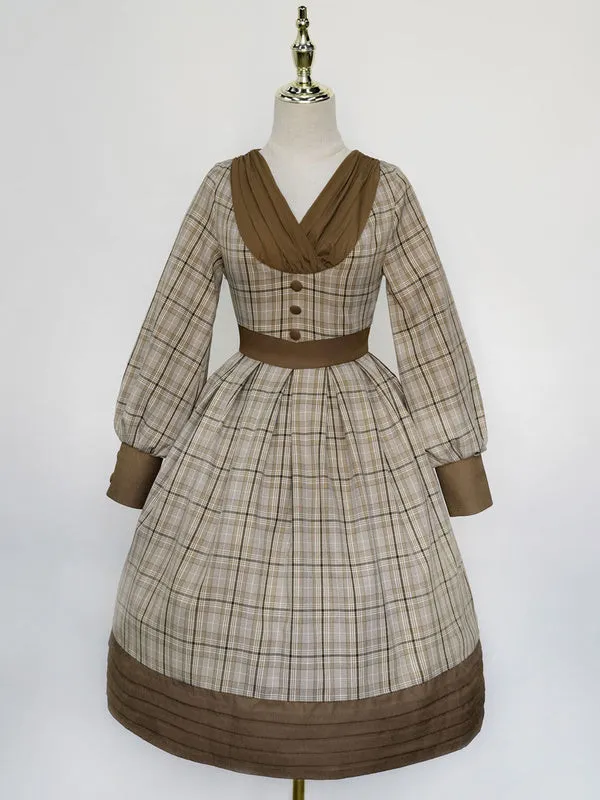 Classical Lolita OP Dress Plaid Camel Pleated Lolita One Piece Dresses