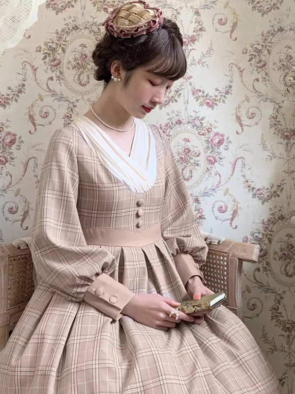 Classical Lolita OP Dress Plaid Camel Pleated Lolita One Piece Dresses