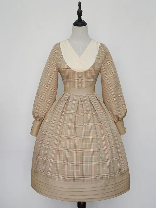 Classical Lolita OP Dress Plaid Camel Pleated Lolita One Piece Dresses