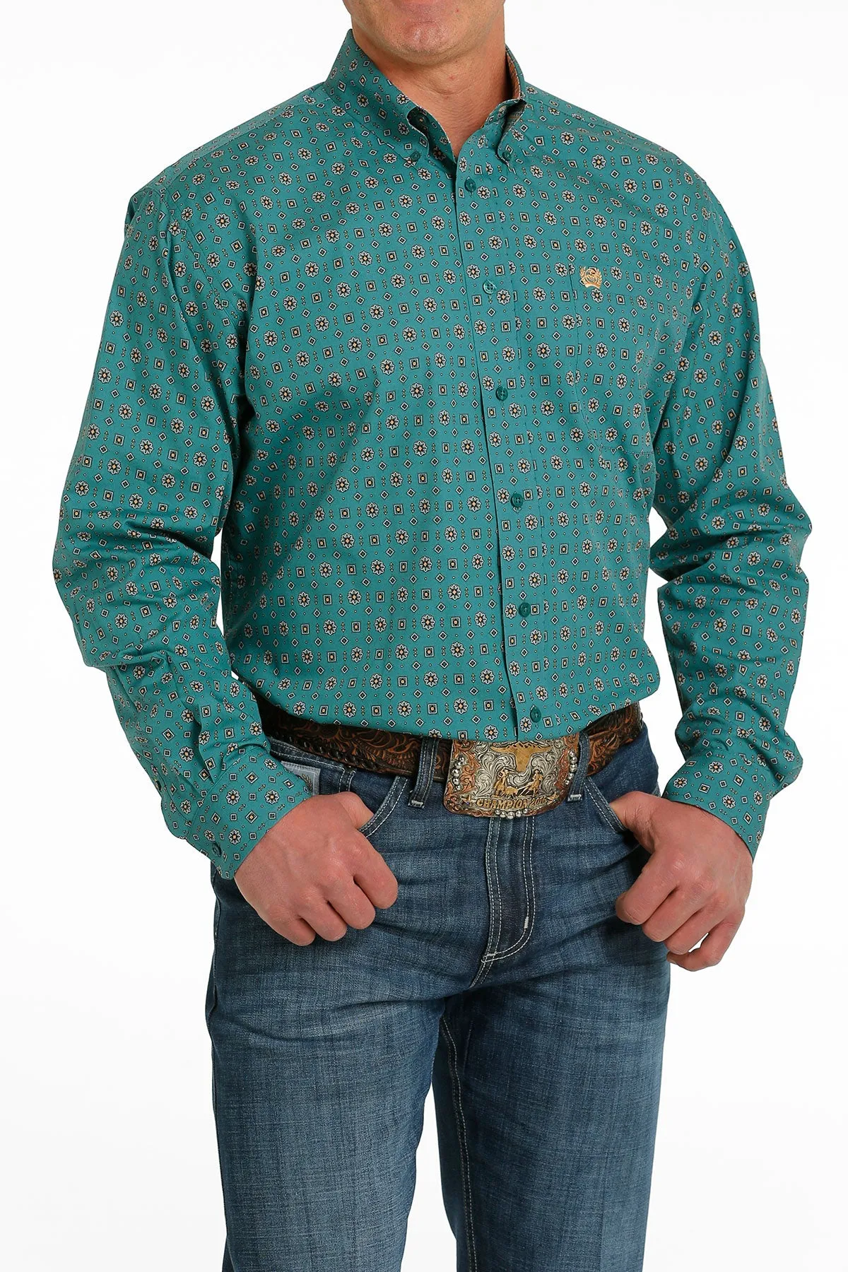 CLMTW1105558 Cinch Shirt L/S Geo Print Teal