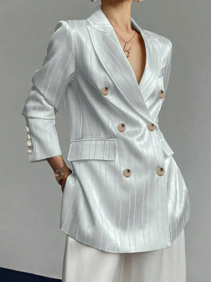 CM-CS042388 Women Casual Seoul Style Notched Collar Long Sleeve Front Button Striped Blazer