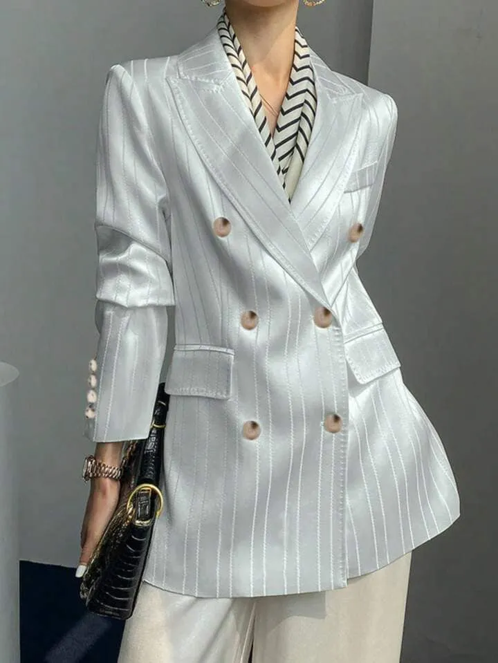CM-CS042388 Women Casual Seoul Style Notched Collar Long Sleeve Front Button Striped Blazer