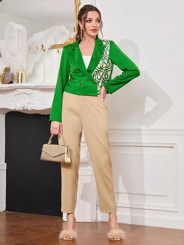 CM-CS652522 Women Casual Seoul Style Geometric Print Double Breasted Satin Blazer