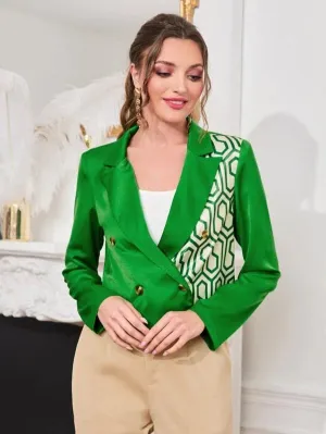 CM-CS652522 Women Casual Seoul Style Geometric Print Double Breasted Satin Blazer