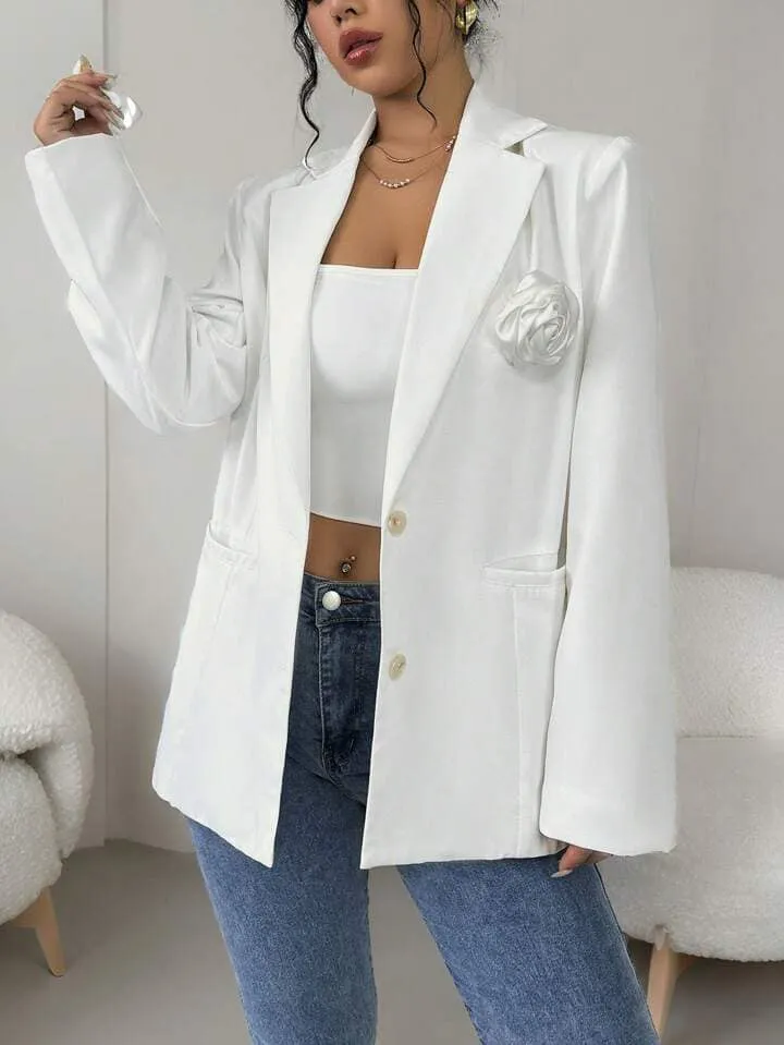 CM-CS775817 Women Casual Seoul Style Lapel Neckline 3D Floral Blazer Jacket - White
