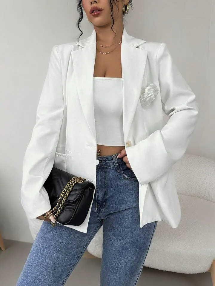 CM-CS775817 Women Casual Seoul Style Lapel Neckline 3D Floral Blazer Jacket - White