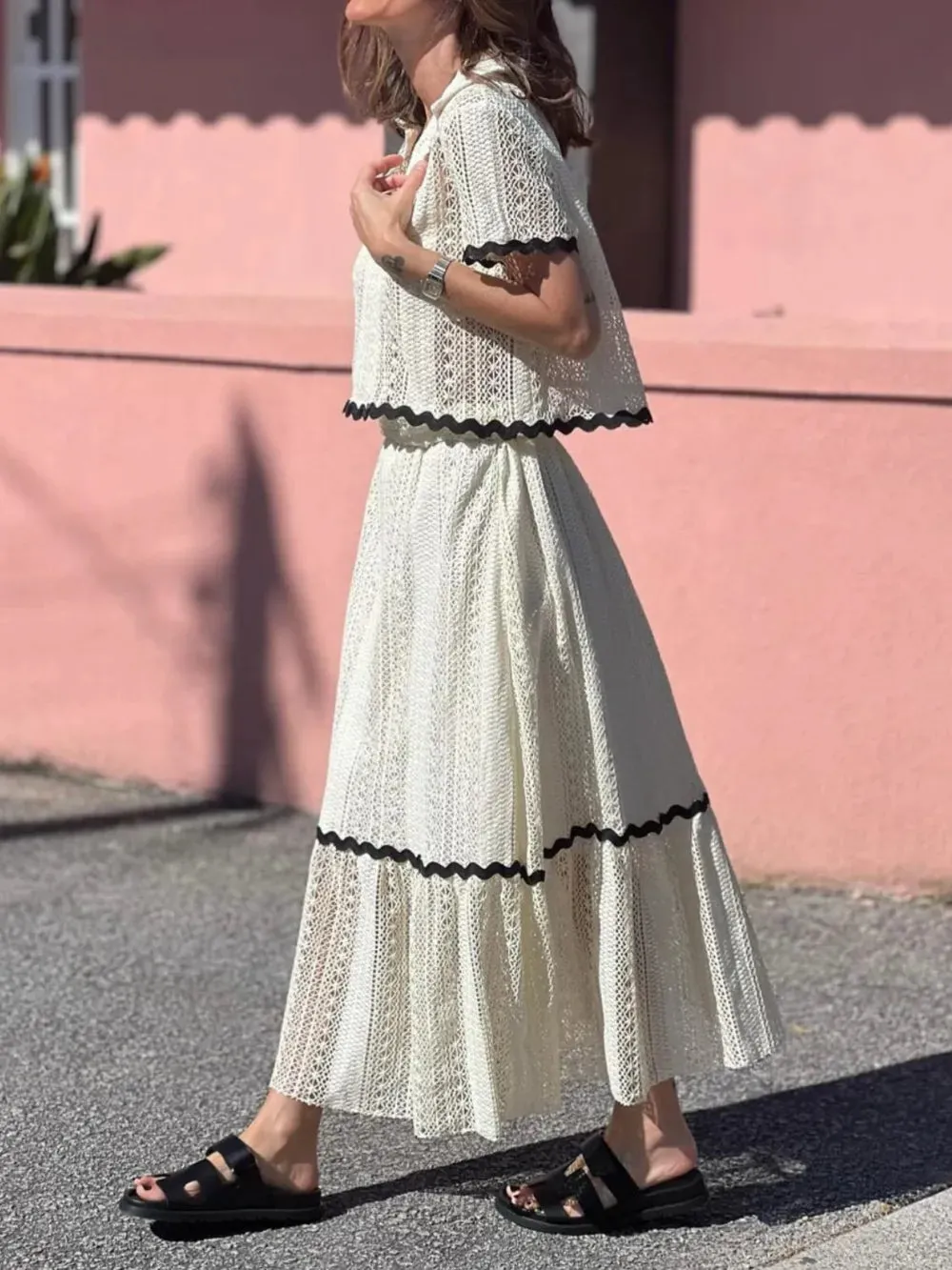 Contrast Trim Openwork Short Sleeve Top and Skirt Set