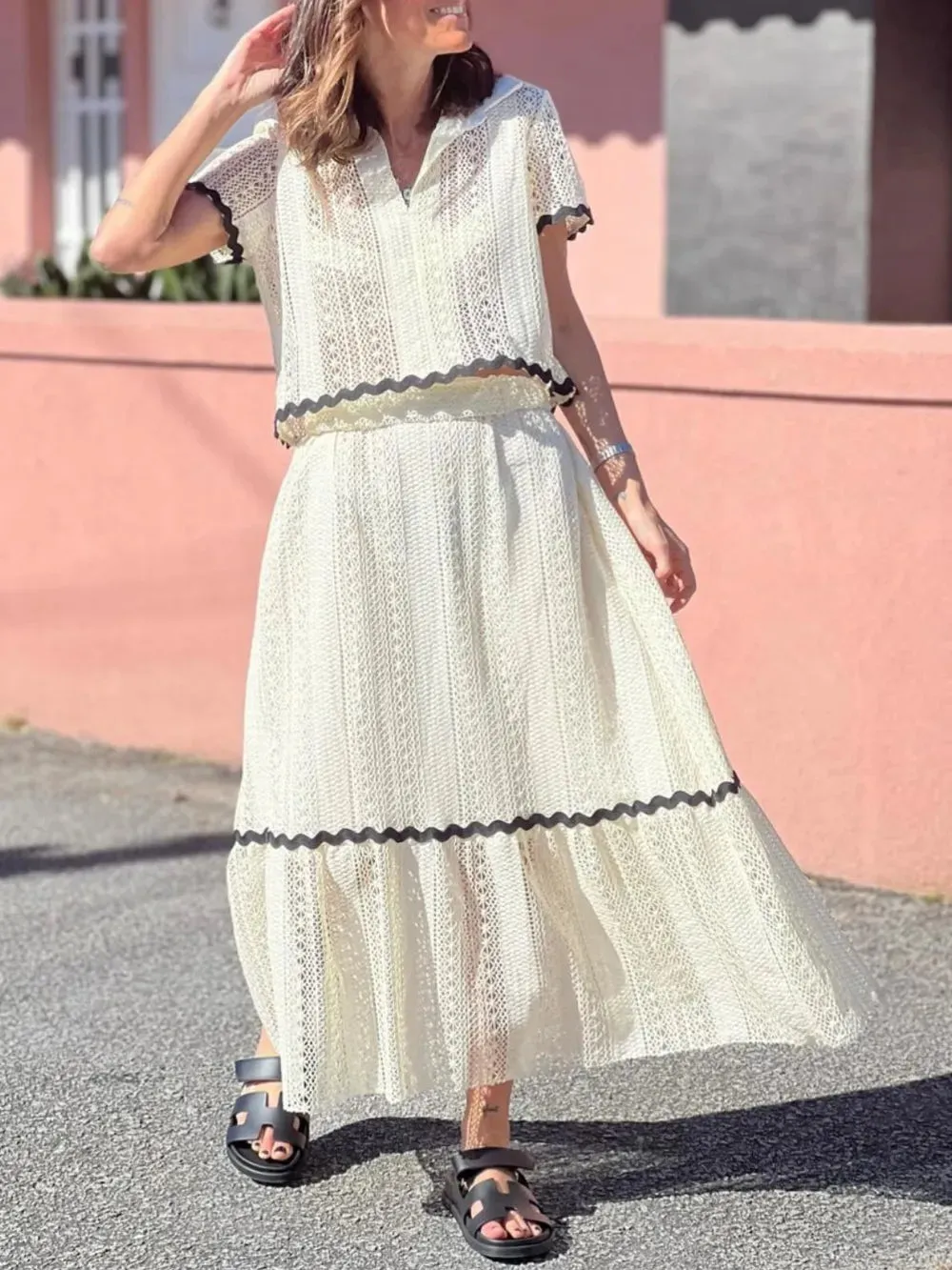 Contrast Trim Openwork Short Sleeve Top and Skirt Set