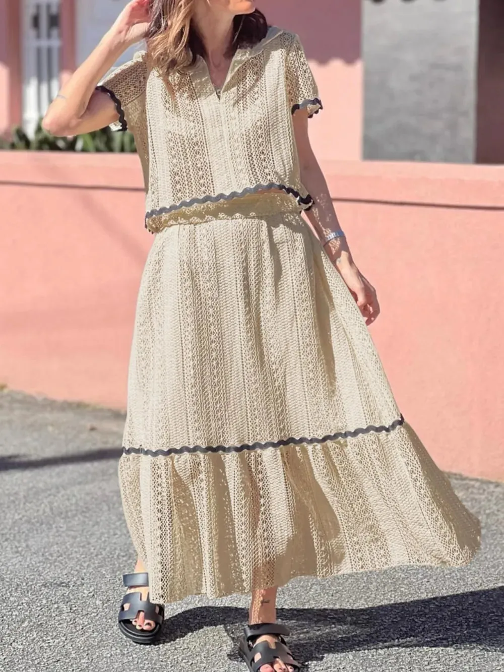 Contrast Trim Openwork Short Sleeve Top and Skirt Set