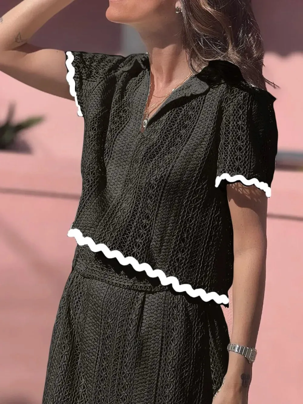 Contrast Trim Openwork Short Sleeve Top and Skirt Set
