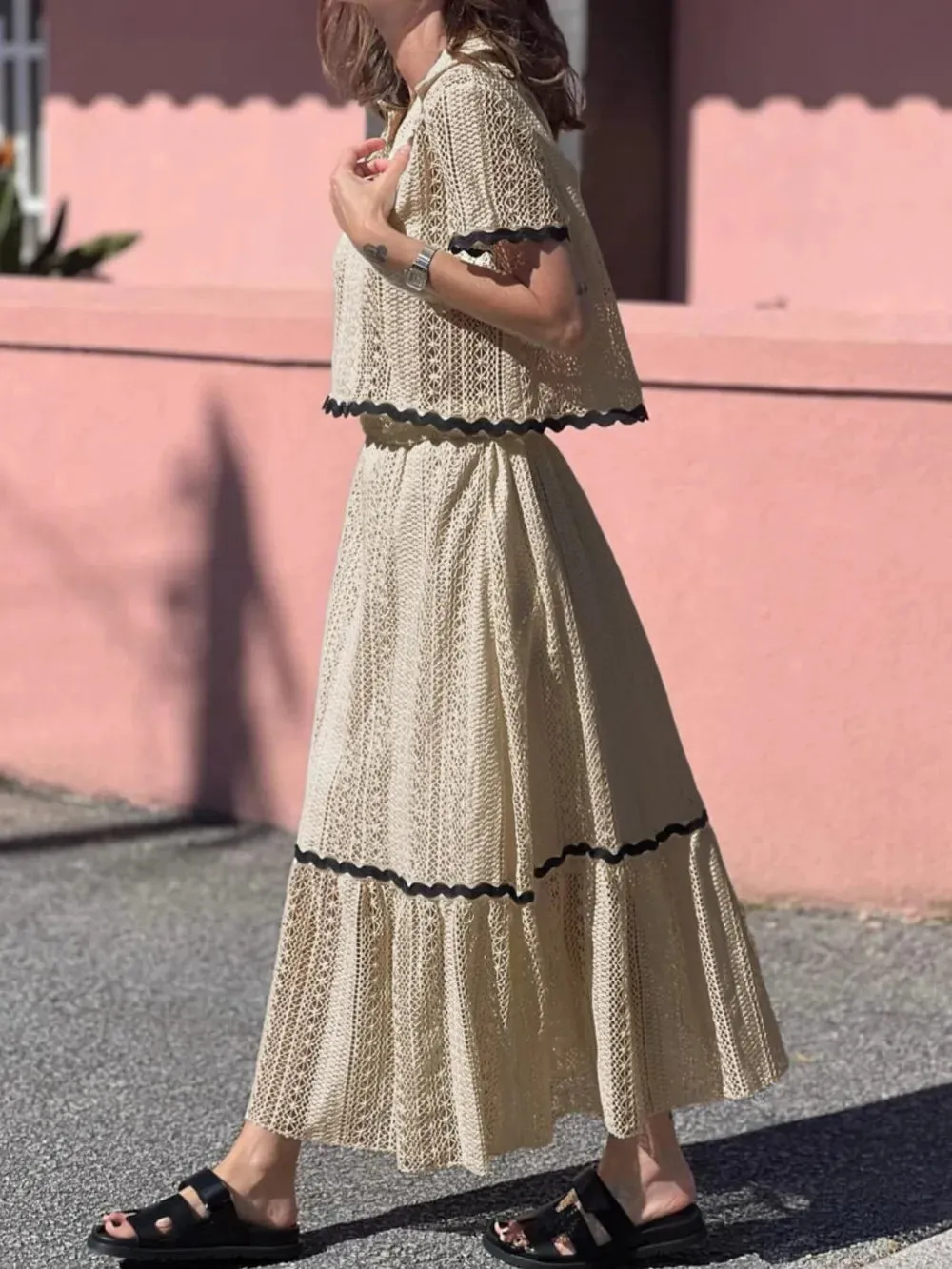 Contrast Trim Openwork Short Sleeve Top and Skirt Set