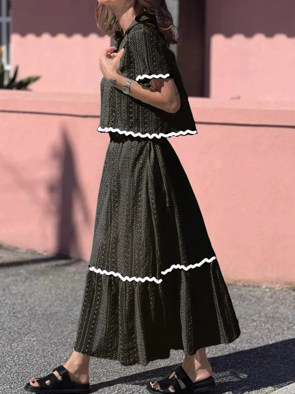 Contrast Trim Openwork Short Sleeve Top and Skirt Set