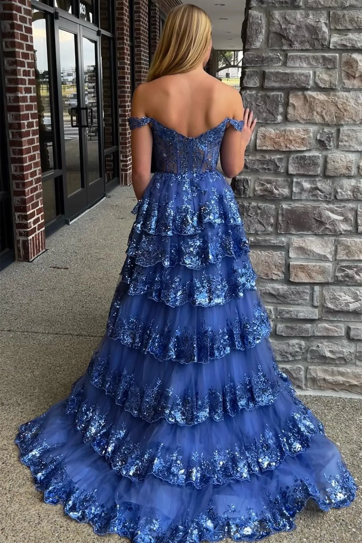 Corset Tulle Appliques Tiered Ruffle Long Prom Dress with slit