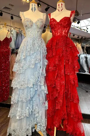 Corset Tulle Appliques Tiered Ruffle Long Prom Dress with slit