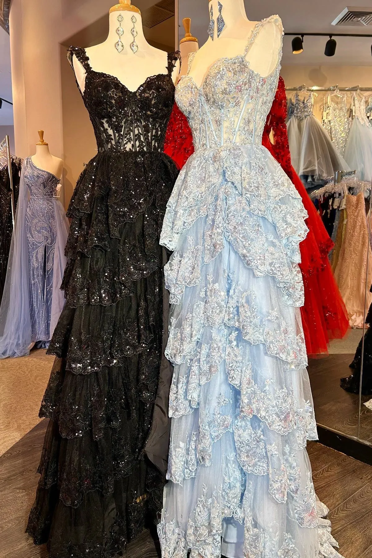 Corset Tulle Appliques Tiered Ruffle Long Prom Dress with slit