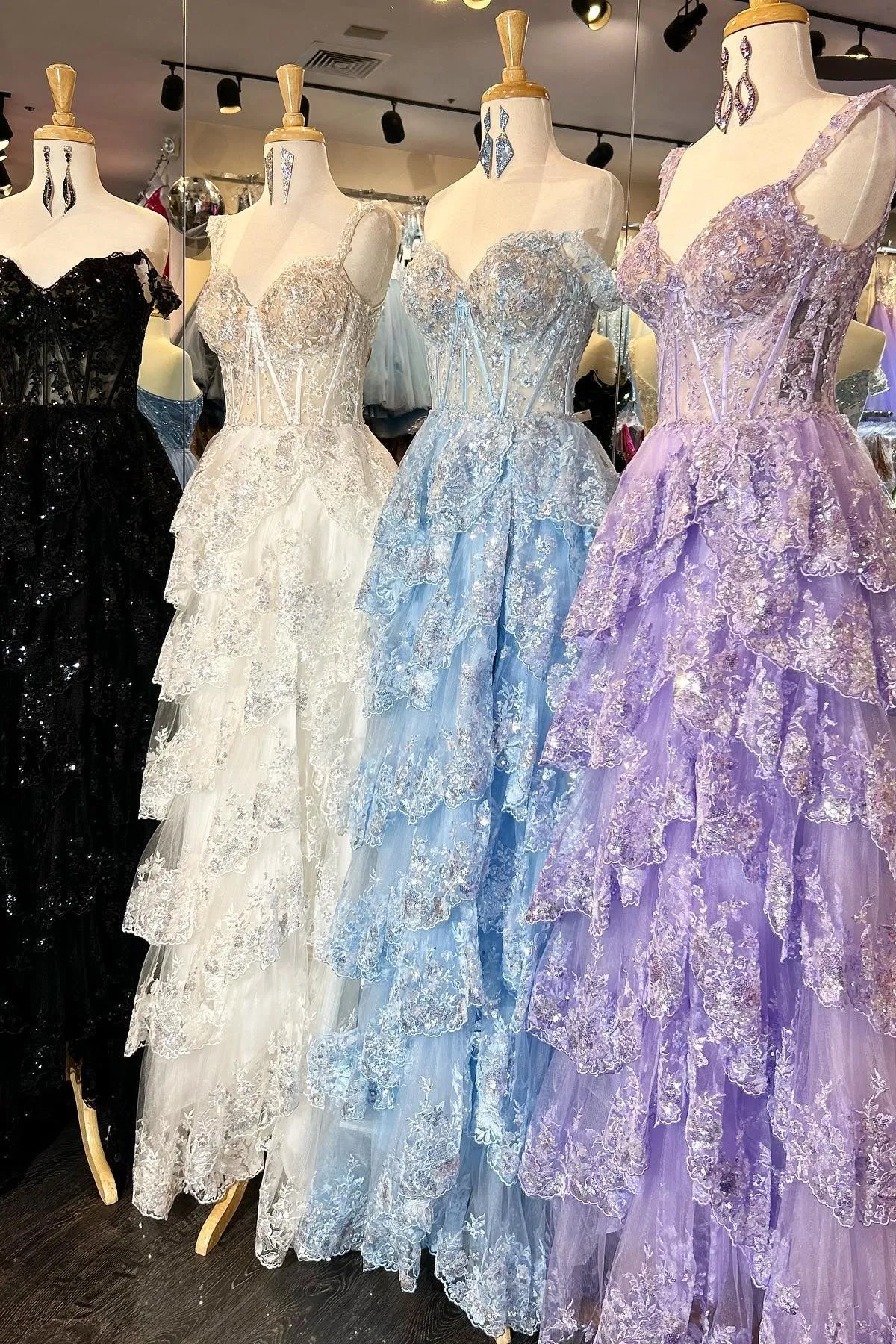 Corset Tulle Appliques Tiered Ruffle Long Prom Dress with slit