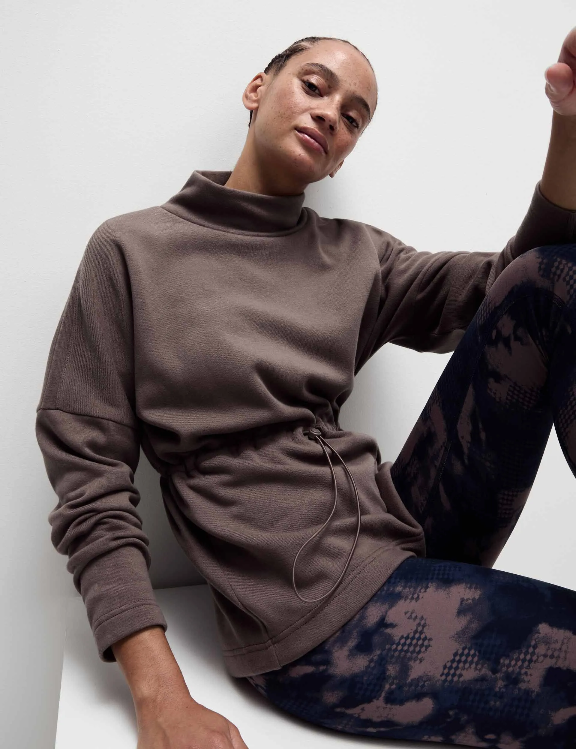 Cotton Rich Brushed Funnel Neck Sweatshirt - Taupe