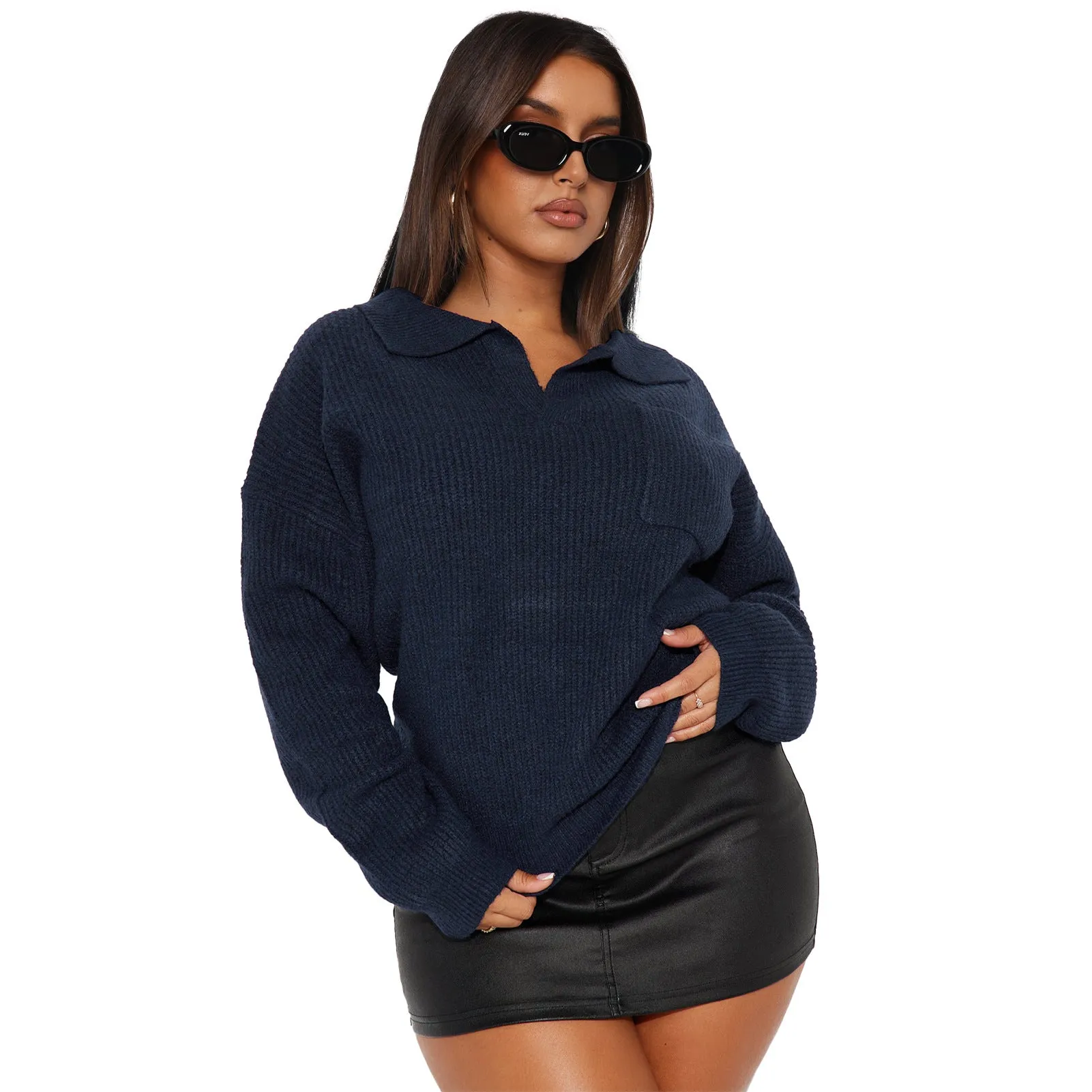 Cozy Turndown Collar Relaxed-Fit Ribbed Knit Sweater