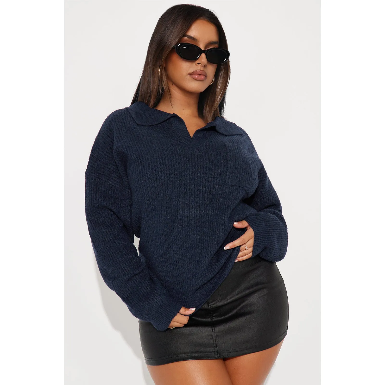 Cozy Turndown Collar Relaxed-Fit Ribbed Knit Sweater