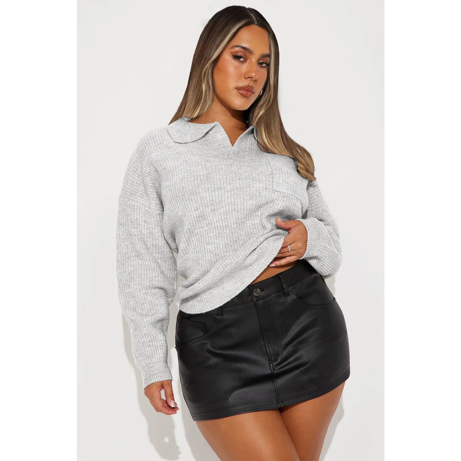 Cozy Turndown Collar Relaxed-Fit Ribbed Knit Sweater