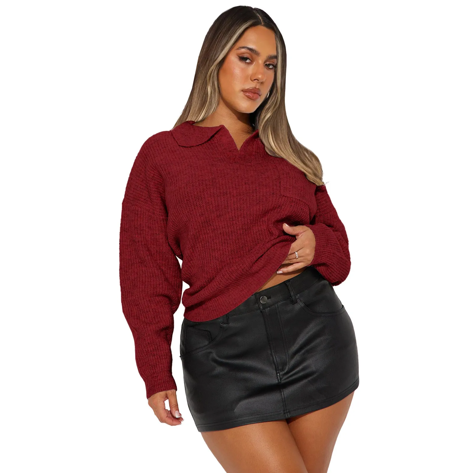 Cozy Turndown Collar Relaxed-Fit Ribbed Knit Sweater
