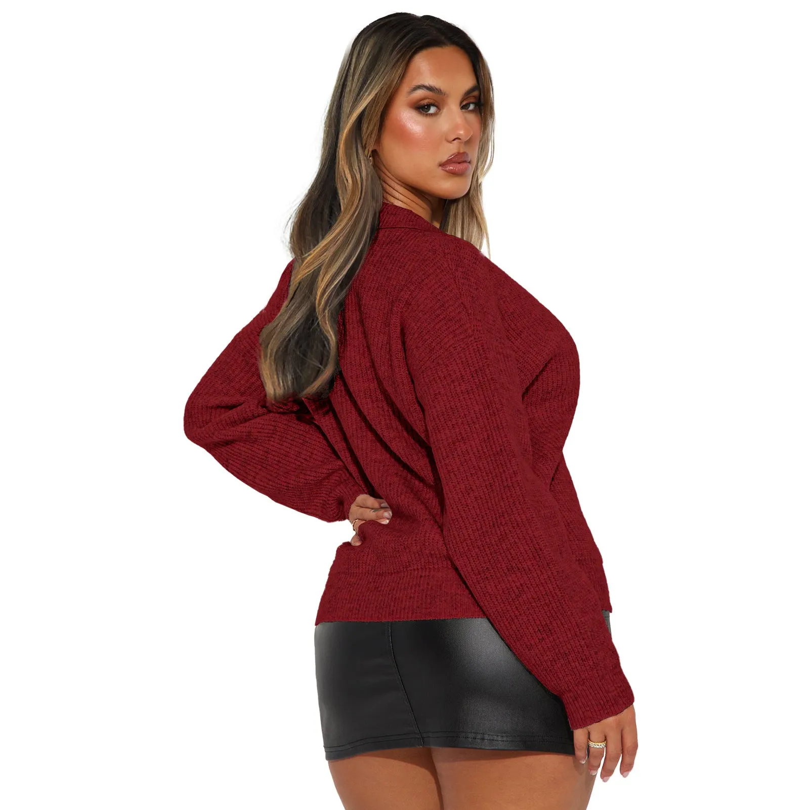 Cozy Turndown Collar Relaxed-Fit Ribbed Knit Sweater