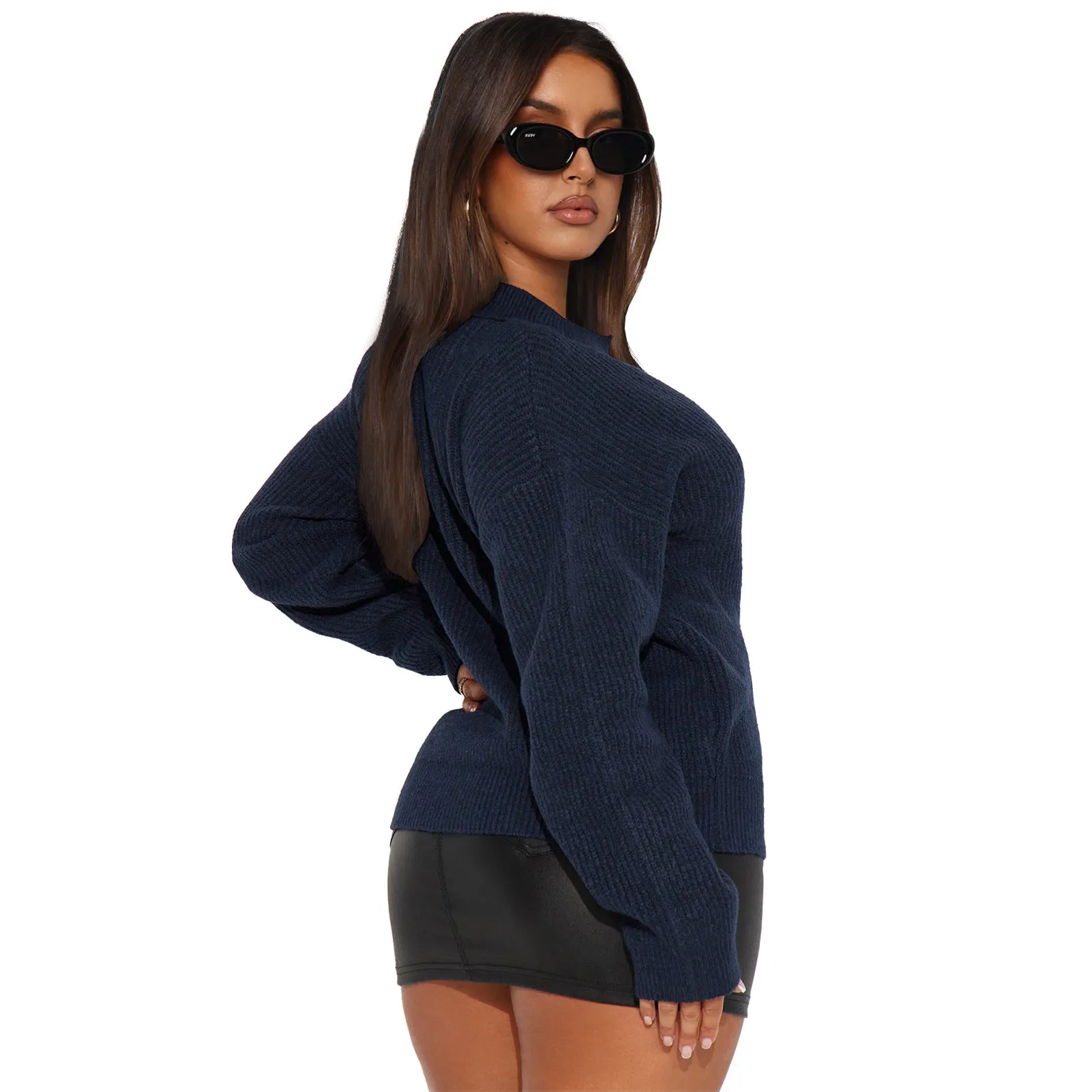 Cozy Turndown Collar Relaxed-Fit Ribbed Knit Sweater